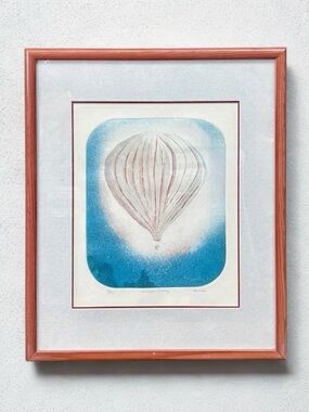 Vintage Aquatint Etching Hot Air Balloon Artwork Signed Penelope Framed Blue VTG